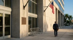 suited professional carrying briefcase walking toward government building with American flag