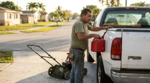 landscaping worker holding gas can beside F-150 truck with push lawn mower nearby