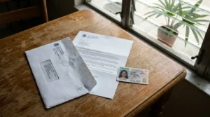 US Citizenship and Immigration Services letter, envelope, and Florida driver's license on wooden desk