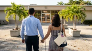 couple holding hands walking toward government building carrying tote bag with American flag