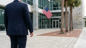 suited attorney walking toward federal courthouse entrance with American flag displayed