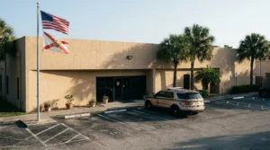 Florida law enforcement building with US and Florida state flags and patrol vehicle