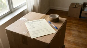 change of address form and pen resting on sealed cardboard moving box
