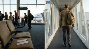 airport gate waiting area and man with backpack walking jet bridge toward plane