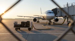 commercial airplane docked at jet bridge with luggage cart on tarmac