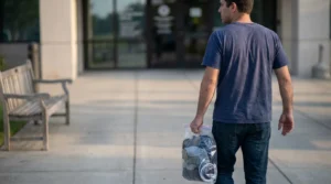man carrying clear plastic bag with belongings walking toward building entrance