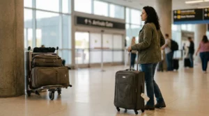 woman standing with rolling suitcase near airport arrivals gate terminal