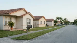 row of stucco residential homes with tiled roofs along quiet suburban street