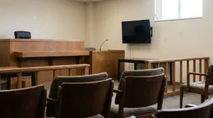 empty courtroom interior with judge's bench, podium, seating, and wall-mounted monitor