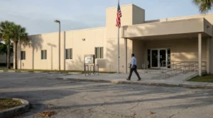 man carrying folder walking toward government building entrance with American flag